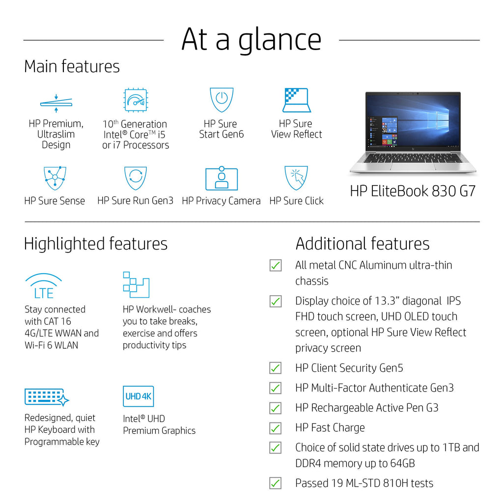 HP EliteBook 830 G7 Laptop - 33.8 cm (13.3") - Touchscreen - Intel® Core™ i5-10210U - 8 GB DDR4-SDRAM - 256 GB SSD - Wi-Fi 6 - Windows 10 Pro - Silver