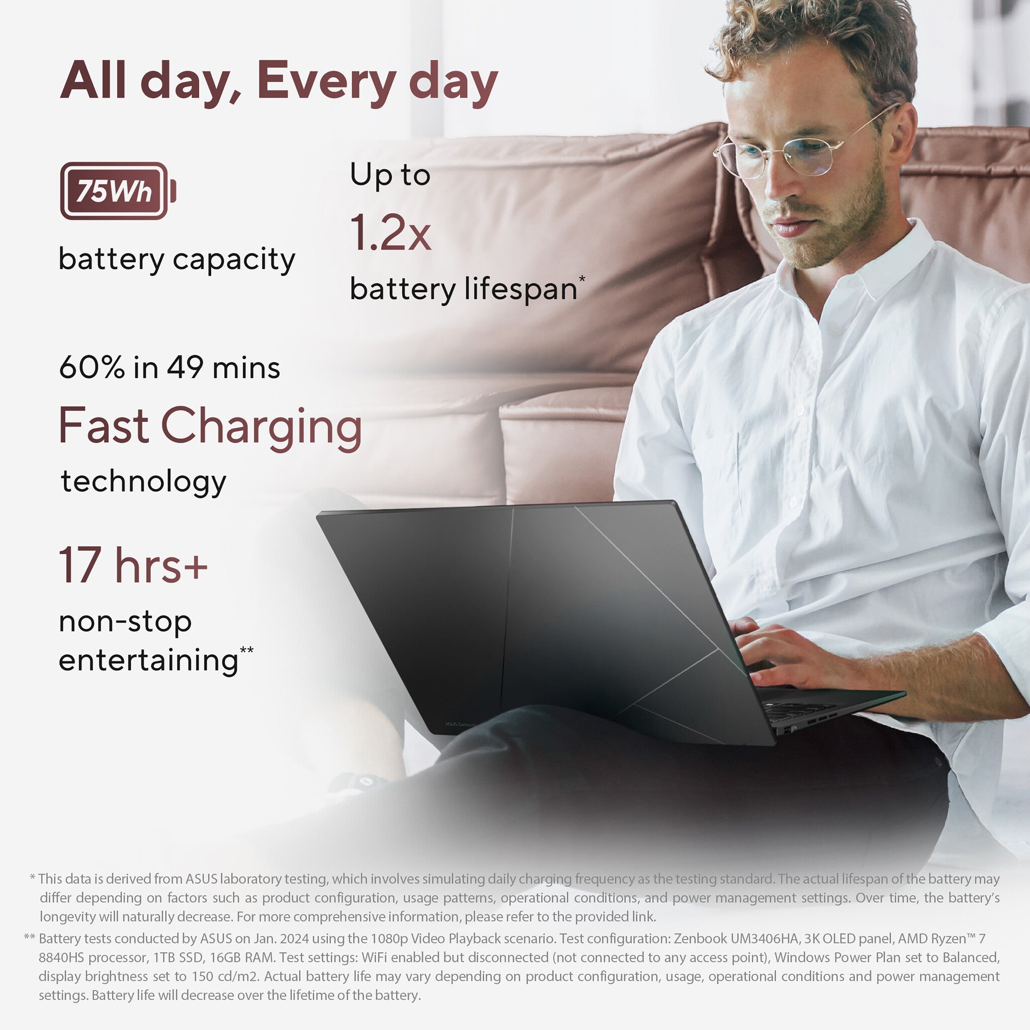 ASUS Zenbook 14 OLED Laptop - 35.6 cm (14") - AMD Ryzen™ 7 8840HS - 16 GB LPDDR5x-SDRAM - 1 TB SSD - Wi-Fi 6E - Windows 11 Home - Black