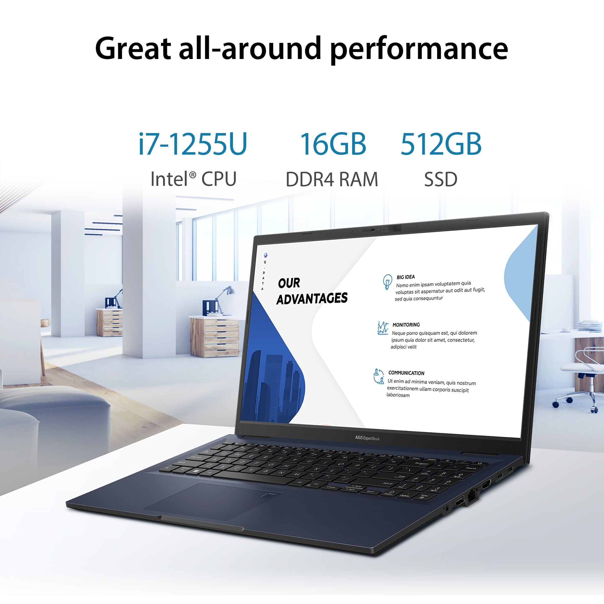 ASUS ExpertBook B1 Laptop - 39.6 cm (15.6") - Intel® Core™ i7-1255U - 16 GB DDR4-SDRAM - 512 GB SSD - Wi-Fi 6E - Windows 11 Pro - Black