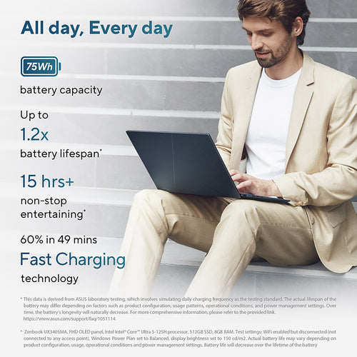 ASUS Zenbook 14 OLED Laptop - 35.6 cm (14") - Touchscreen - Intel Core Ultra 5 225H - 16 GB LPDDR5x-SDRAM - 512 GB SSD - Wi-Fi 7 - Windows 11 Home - Blue
