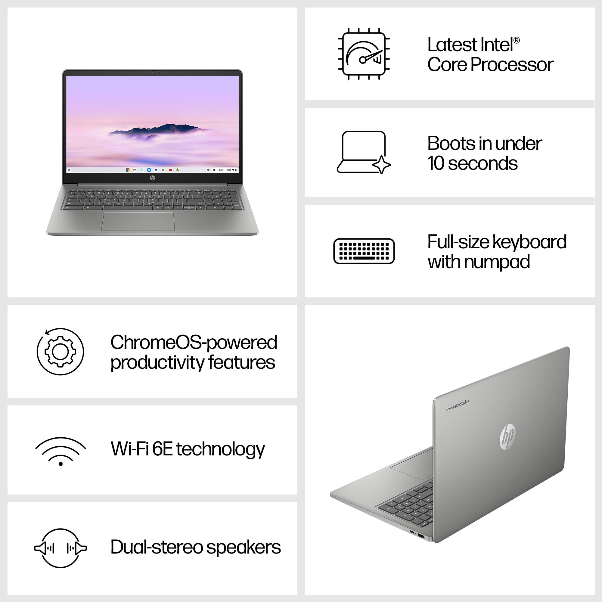 HP Chromebook Plus - 39.6 cm (15.6") - Intel® Core™ i3-N305 - 8 GB LPDDR5-SDRAM - 256 GB Flash - Wi-Fi 6 - ChromeOS - Silver