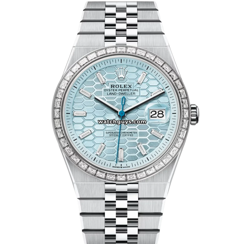 Rolex Land-Dweller 127386TBR Platinum Ice Blue Honeycomb Motif